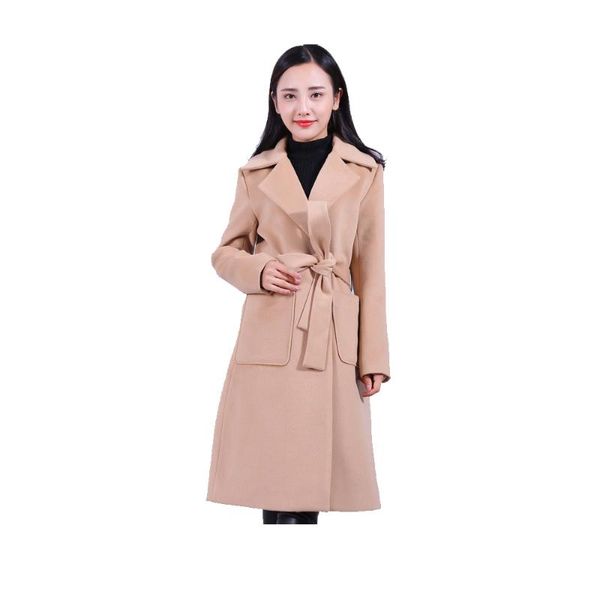 

women's wool & blends winter turn down collar simple pattern solid color long sleeves woollen overcoat with belt thick coat for women f, Black