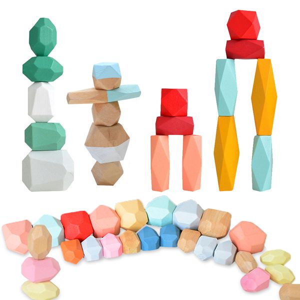 36 pcs colorido pinho faia pedra bloco de madeira bloco educacional bebê empilhamento jogo de balanceamento de brinquedo para crianças