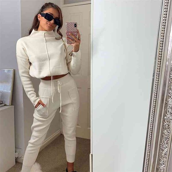 

spring two piece outfits for women fashion all-match turtleneck cropped sports casual sweatshirt suit 2 set full 210508, White