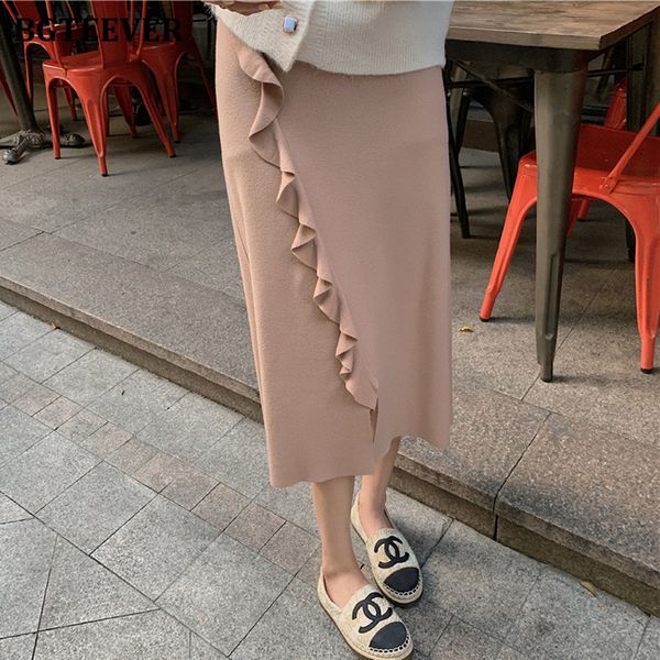 

skirts chic elastic high waist ruffles female knitted straight elegant loose split solid women sweater midi skirts rirn, Black