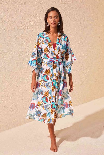 

women's swimwear multicolor print kimono beach wear with sashes slim cover-up holiday boho long cardigan women clothing 4y9c, White;black