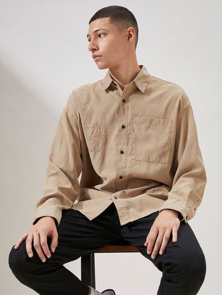 

men slogan embroidered pocket front drop shoulder shirt e3gy#, White;black