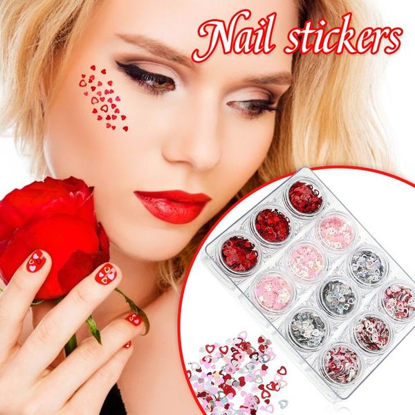 

nail art kits 12 boxes of valentine's day heart-shaped design decoration in wheel diy colorful glitter color mixed heart-shap