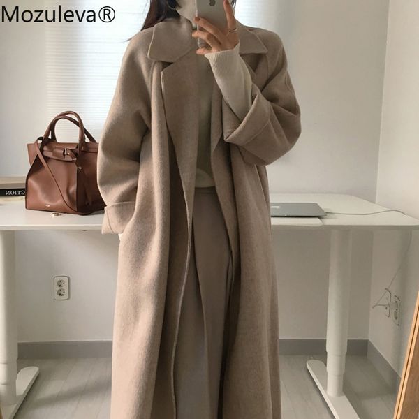 

women elegant long wool coat with belt solid color sleeve chic outerwear ladies overcoat autumn winter 210427, Black