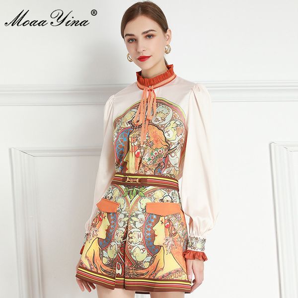 Модный набор весенние женские длинные рукава двенадцать созвездий печатать блузки топы + шорты двухсектура 210524