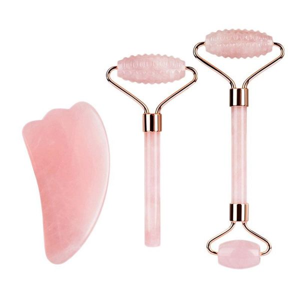 

in 1 rose quartz roller with gua sha set double heads jade stone face lift body skin 3pcs/lot electric massagers