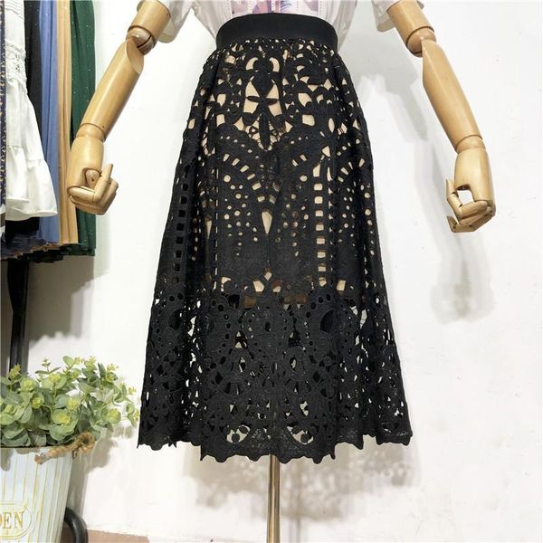 

skirts spring high-waist lace skirt female autumn korean style hollow crochet a-line over the knee small umbrella, Black