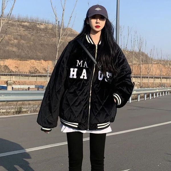 

women's jackets winter style padded jacket women retro quilted thickened baseball uniform cotton-padded loose wild trendy, Black;brown