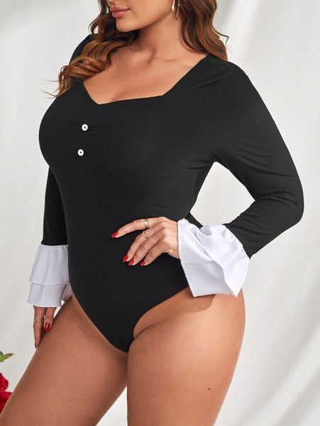 

plus flounce sleeve sweetheart neck fake button bodysuit c6u5#, Black