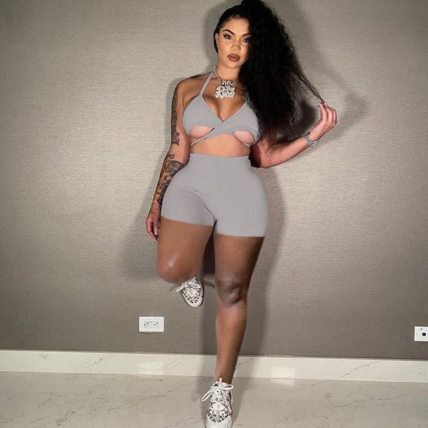 

women's tracksuits women halter criss-cross crop and biker shorts suits cut-out backless casual outfits summer sport 2 pieces set, Gray