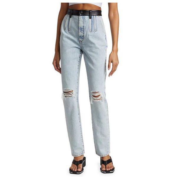 

women's jeans 2021 fashionable all-match distressed high-rise ripped jeans, early autumn leather trim stitching straight women, Blue