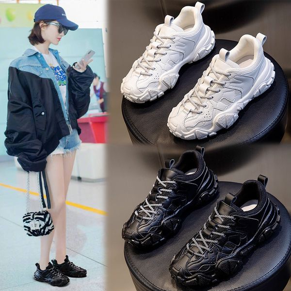 

women's shoes with film bottom and thick leather soles spring 2021 sports running breathable daddy women's casual single, Black;white