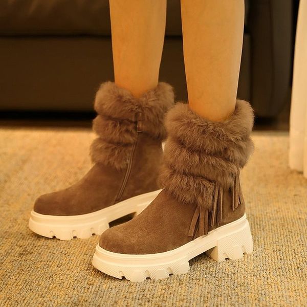 

boots women winter shoes woman warm plush ladies snow round toe platform chunky heels zipper fur 2021 trend ankle, Black