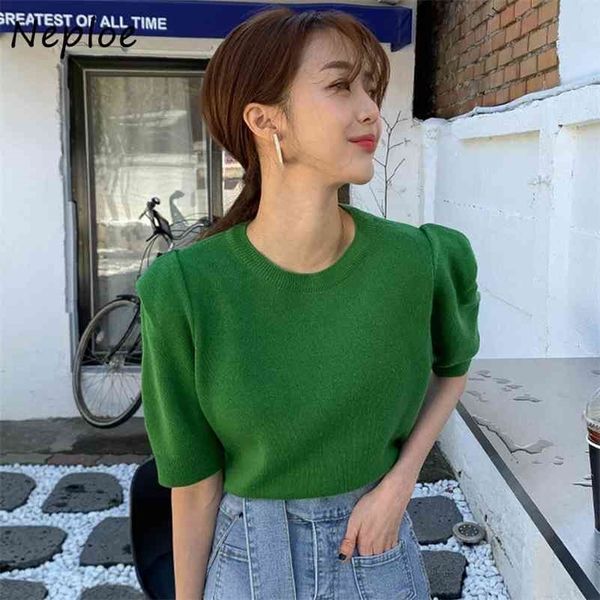 

neploe new arrivals solid summer knitted t-shirt ladies o-neck puff sleeve female fashion chic sweet women tees 1f202 210324, White