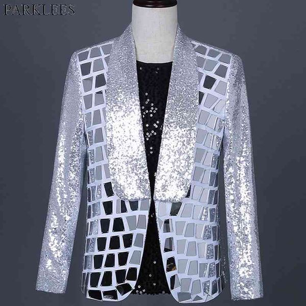 Mens Punk Style xadrez Sequinas Blazer Jackets Shwal Collar Branco Glitter Blazers Homens Club Bar DJ Stage Wear Rock and Roll Trajes 210522