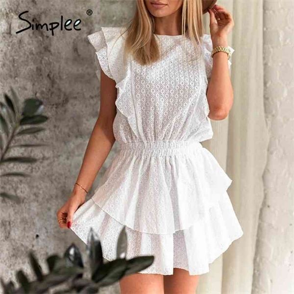 

simplee elegant crew neck ruffle solid dress women high waist sleeveless lace dress female casual white ladies mini dress 210323, Black;gray