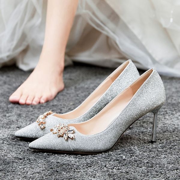 

sandals 2021 spring small size stiletto heels pointed shallow mouth sequins single banquet bride bridesmaid shoes women, Black
