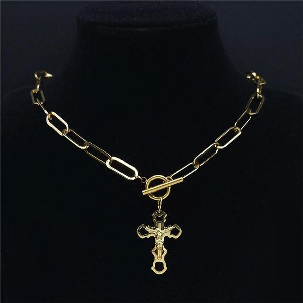 

pendant necklaces 2021 stainless steel catholic cross jesus pendants women/men gold color chain necklace jewelry collier croix n6009s01, Silver
