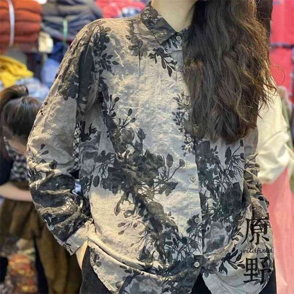 

spring arts style women long sleeve loose turn-down collar blouse vintage print cotton linen shirts femme v168 210512, White