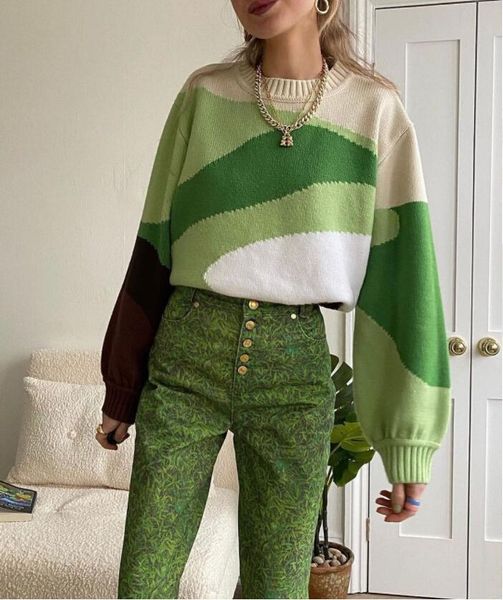 

women's sweaters girls long sleeve casual knitwear sweater,autumn winter fashion mixed color stripe splicing round collar pullover loos, White;black