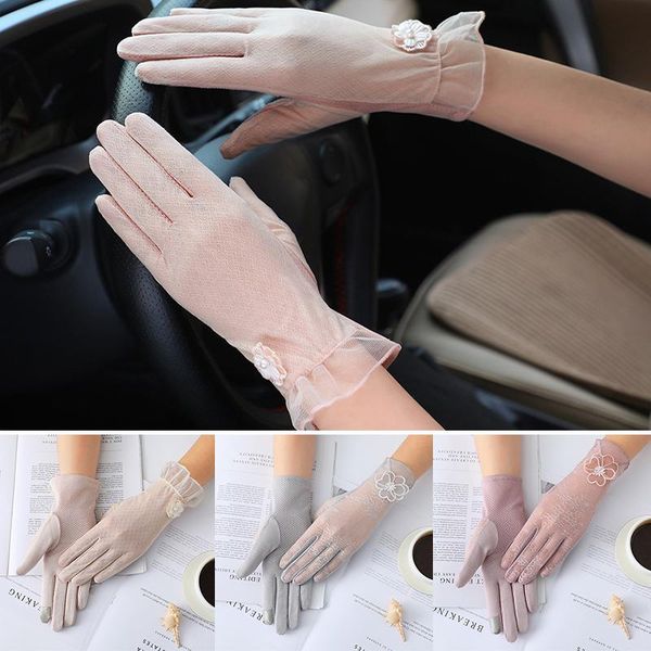 

five fingers gloves lace hollow out sunscreen glove women ceremony etiquette black white mesh mittens summer thin breathable soft elast, Blue;gray