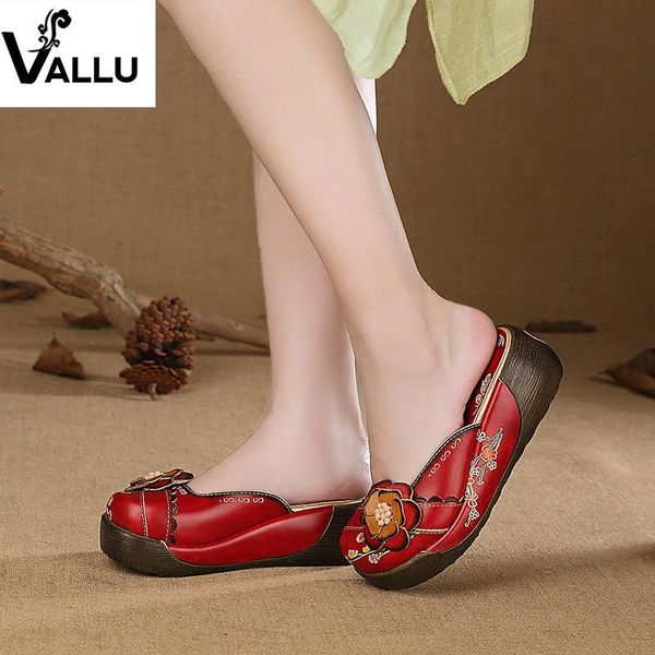 

dress shoes fashion women sandals national style leather wedge slipper handmade flower female shoe thick bottom daily, Black
