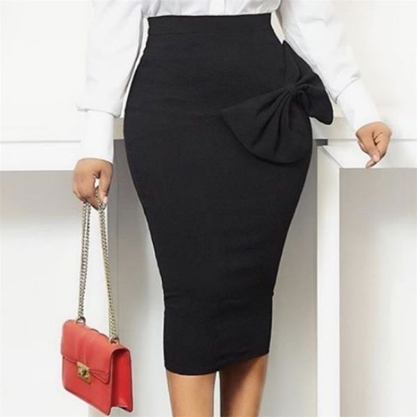 

women black high waist skirts bodycon pencil office ladies big bowtie summer fall african modest elegant retro jupes falad saia 210329