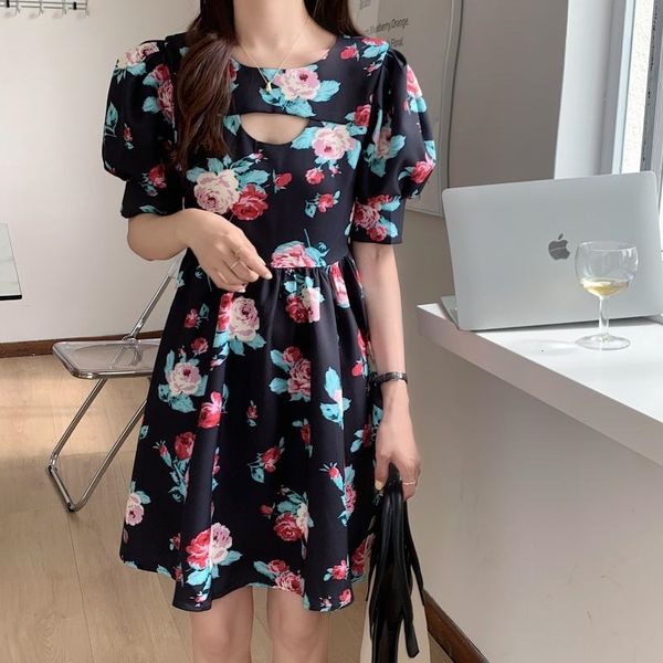 

casual dresses hollow out florals high street printing femme lady ol slim all match chic gentle mini prom vestidos yjk7, Black;gray