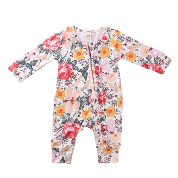 

autumn 0-24m toddler baby boy girl jumpsuit long sleeve crew zipper neck button front ruffle floral romper, Blue