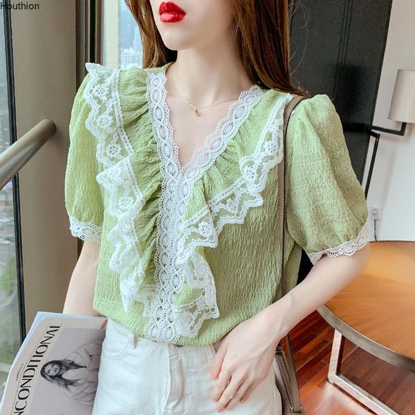 

women's blouses & shirts houthion blouse short sleeve v-neck shirt printing stitching fashion summer casual plus size girl blusas, White