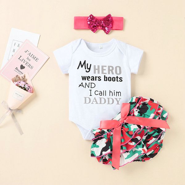 

2021 Summer Kids Children's Sets Clothing Girls Baby Fashion Printing Bow Short-sleeved Camouflage Triangle Skirt Suit, White