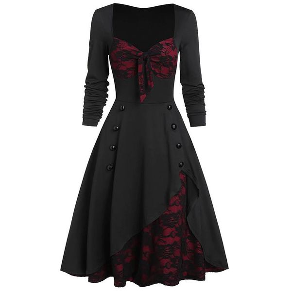 

casual dresses palace vintage stitching button long sleeve ladies dress women's mid, Black;gray