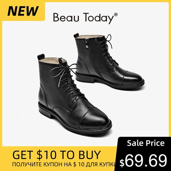 

boots beautoday ankle women cow leather waxing round toe zipper lace-up booties street style lady low heel shoes handmade 03611, Black