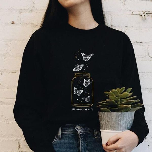 

women's hoodies & sweatshirts let nature be colored print kawaii sweatshirt women boho graphic jumpers vintage long sleeve 90s hippie t, Black