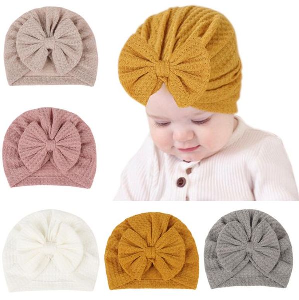 Ins novo 5 cores Moda Baby Beanie Cap Com Arco Nó Acessórios de Cabelo Sólido Cores Recém-nascidos 17x16cm / 24.4g