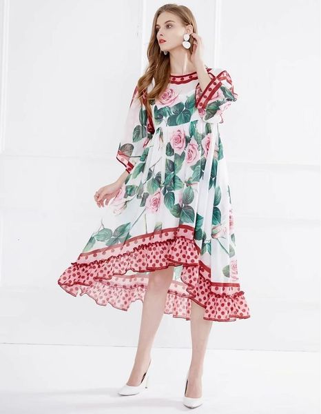 

dresses plus size clothing summer style women rose flower polka dot print patchwork flare sleeve casual asymmetrical 4xl, Black;gray