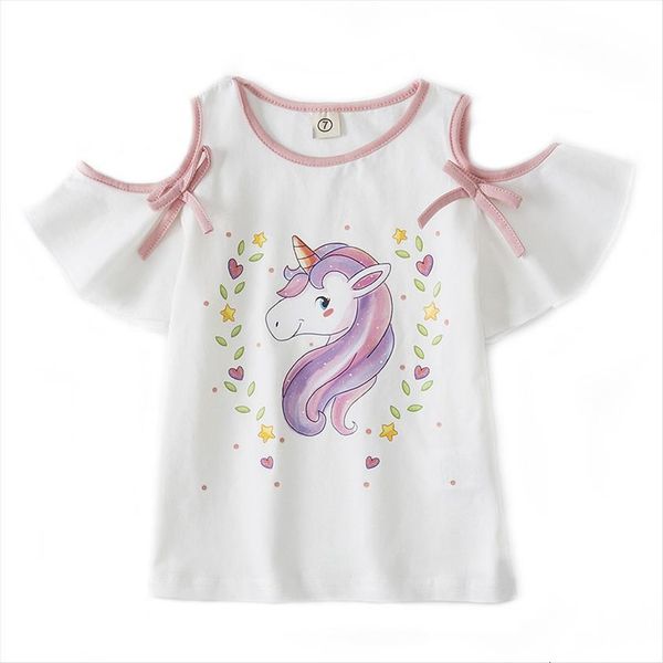 

summer fashion girls unicorn t shirt off shoulder children short sleeves white pink tees baby kids cotton for clothes, Blue