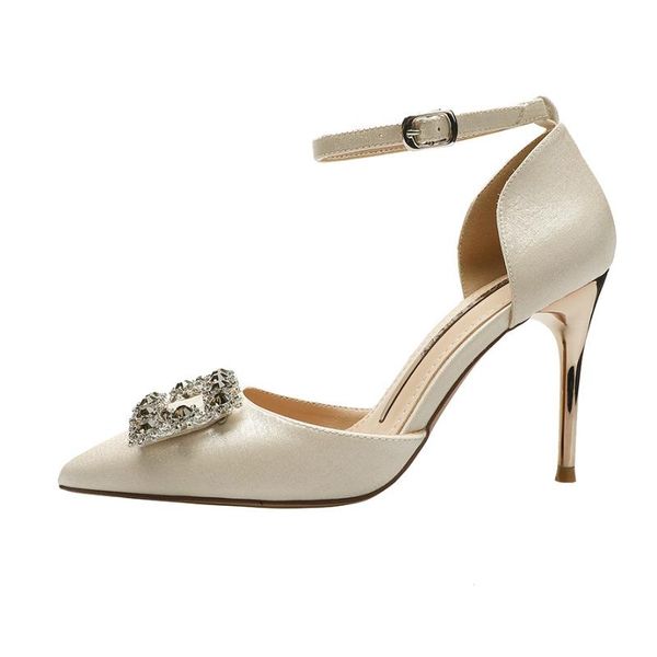 

dress shoes women pumps 10cm thin high heels ankle buckle square rhinestone slik wedding party shallow mouth, Black