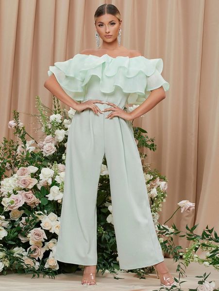 

off shoulder layered foldover front wide leg jumpsuit u12q#, White