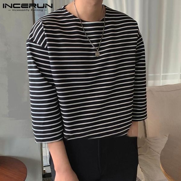 

summer men striped t shirt 2021 round neck streetwear short sleeve leisure basic tee breathable camiseta masculina incerun men's t-shi, White;black
