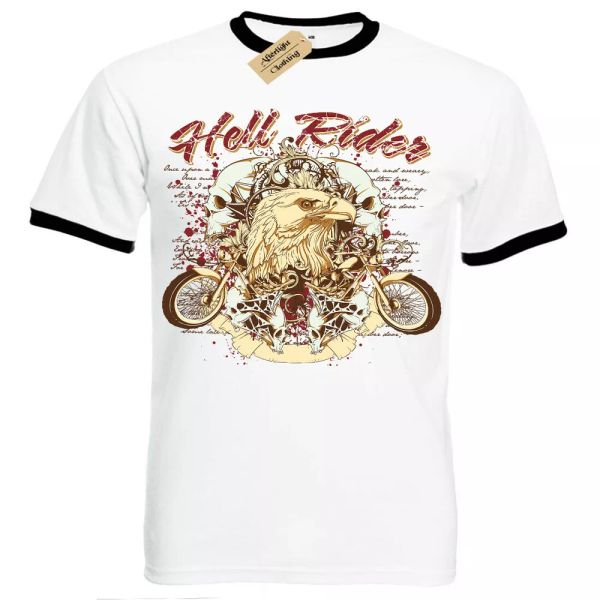 

Infierno Riders Camiseta Motero Calavera Ãguila Hombre Ringer, White;black