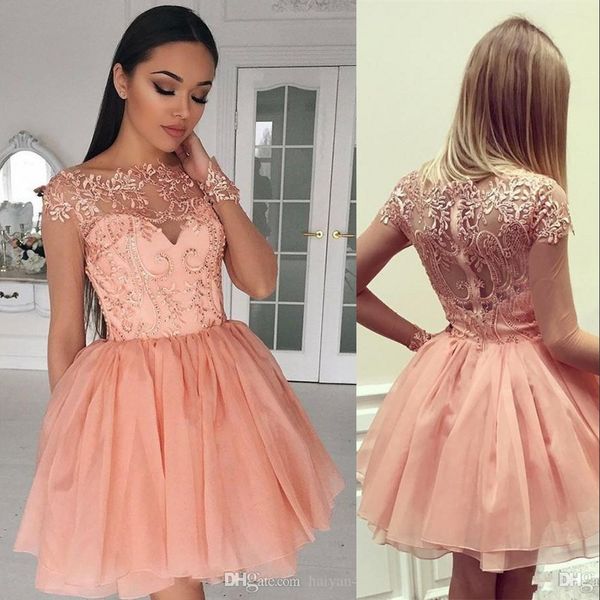 2021 pêssego mulheres sexy vestidos de cocktail curtos pura jóia pescoço mangas compridas lace applique lantejoulas zíper de volta vestidos de primeira festa