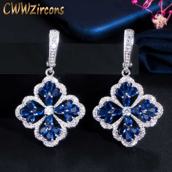Elegante bellissimo fiore di neve penzolante Royal Blue Zircone cubico Orecchini pendenti lunghi Huggie per accessori donna CZ698 210714