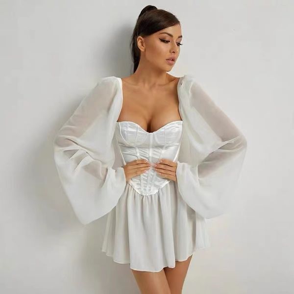 

2021women bodycon dress female lantern sleeve y2k corset chiffon dresses beach vacation outfit party mini white dress summer, Black;gray