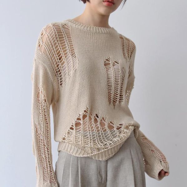 

women's sweaters korean knitted sweater women o-neck long sleeve vintage hollow out pullovers loose thin casual streetwear m242, White;black