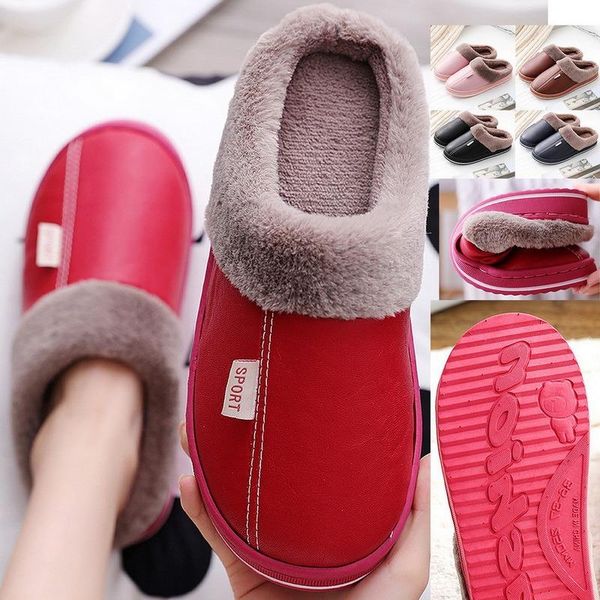 

slippers pu waterproof women men winter plush keep warm flat home shoes woman soft comfort children's interior slipper, Black