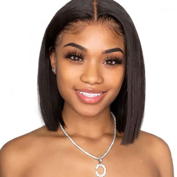 

short lace front human hair wigs for black women brazilian straight remy 4x4 closure bob wig pre plucked baby1, Black;brown