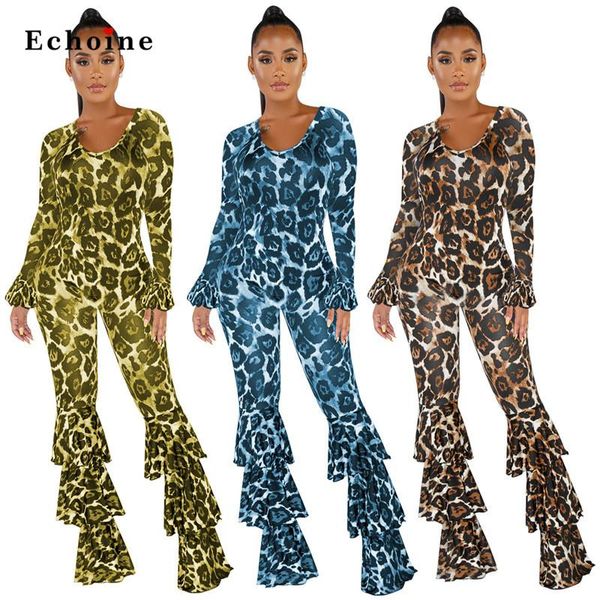 

women's jumpsuits & rompers women leopard print v-neck bodycon bell sleeve cascading ruffle long pants sensational streetwear apparel, Black;white