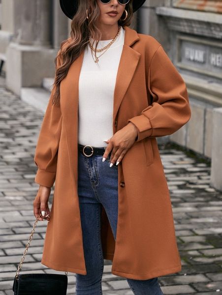 

drop shoulder lapel collar belted overcoat h684#, Black