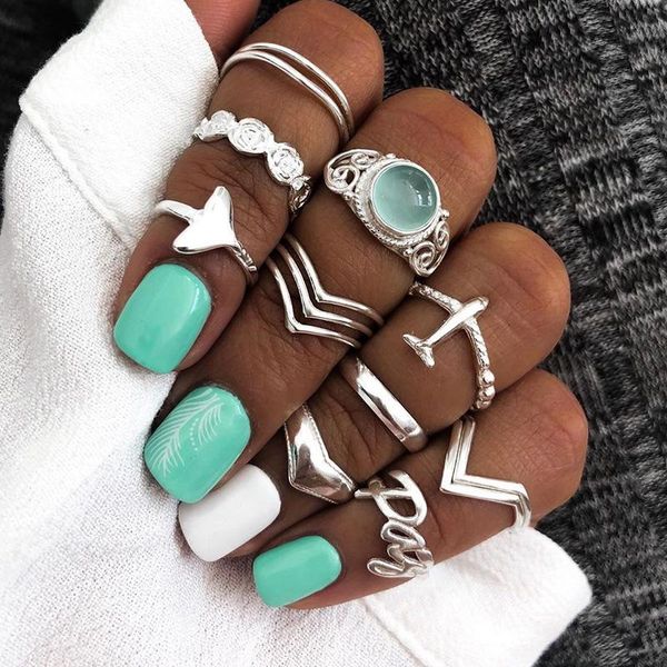 

cluster rings 14 pcs/set bohemian silver color ring set geometric airplane heart letter charm joint for women party wedding jewelry, Golden;silver